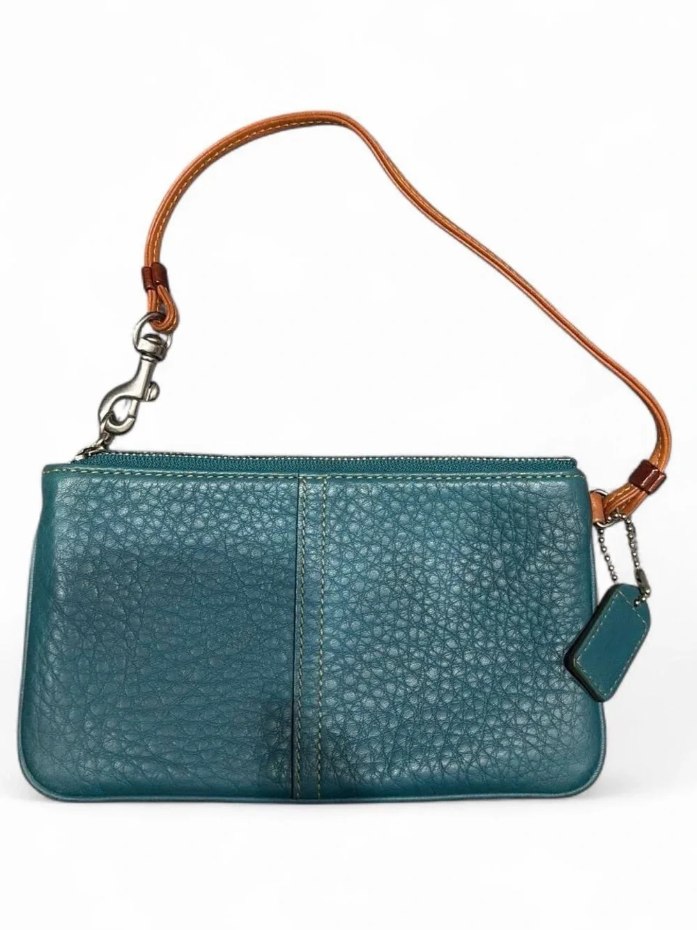 Coach Teal Pebbled Leather Wristlet with Tan Strap Accent